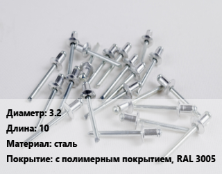 Заклепка 3.2х10 сталь с полимерным покрытием, RAL 3005, упаковка 1000 шт цена от 458.69 сом / шт, где купить, условия доставки в Оше и Ошской области